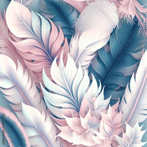  a blue and pink background with feathers and flowers on it, and a white feather on the left side of the image, and a pink and blue background with a white feather on the right side. Generative AI