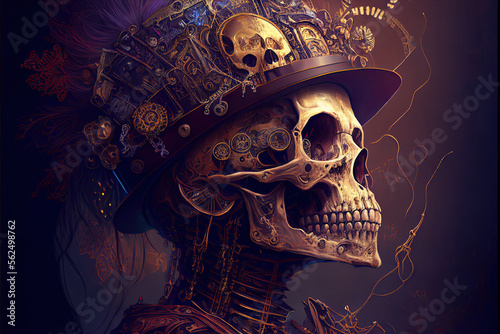 Steampunk skull face portrait with digital art style, generative AI