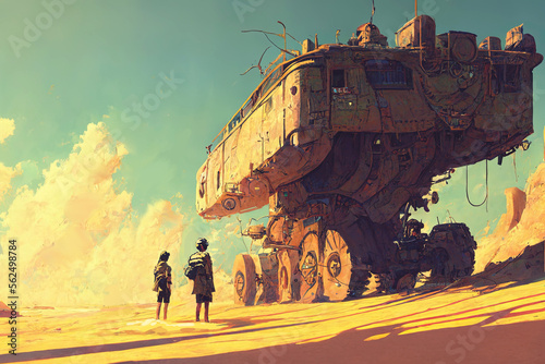Two people  standing and looking at a giant dystopian vehicle in the desert, digital art style, generative AI