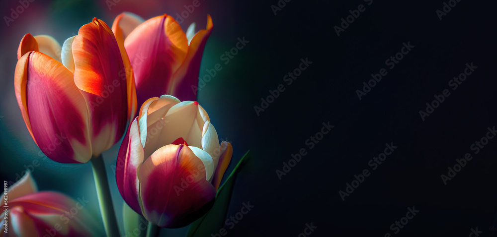tulips flowers, springtime concept, panoramic layout. Generative Ai - obrazy, fototapety, plakaty 
