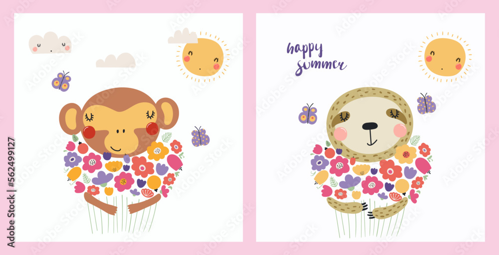 Cute funny animals, monkey, sloth, holding flower bouquets. Posters, cards collection. Hand drawn vector illustration. Scandinavian style flat design. Concept spring, summer kids fashion print.
