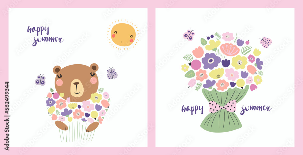 Cute funny bear holding flowers, bouquet, lettering. Posters, cards collection. Hand drawn vector illustration. Scandinavian style flat design. Concept spring, summer kids fashion, textile print.