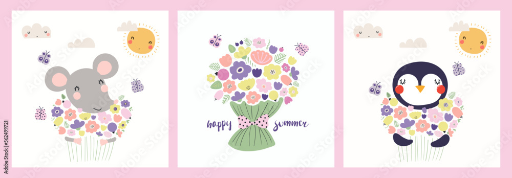 Cute funny animals, penguin, mouse, holding flower bouquets. Posters, cards collection. Hand drawn vector illustration. Scandinavian style flat design. Concept spring, summer kids fashion print. Cute funny animals, penguin, mouse, holding flower bouquets. Posters, cards collection. Hand drawn vector illustration. Scandinavian style flat design. Concept spring, summer kids fashion print.