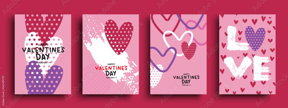 Happy Valentine's Day pink heart love shape greeting card set vector illustration