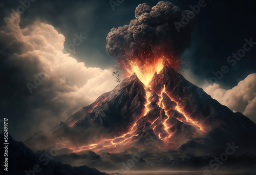 volcano eruption with clouds. sketch art for artist creativity and inspiration. generative AI  