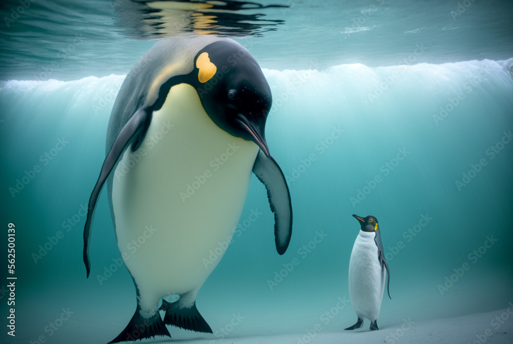 Emperor penguin swimming under iceberg transparent water,generative ai