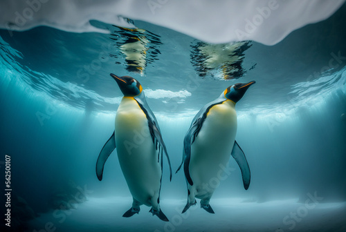 Emperor penguin swimming under iceberg transparent water,generative ai.