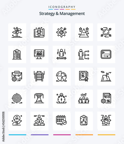 Creative Strategy And Management 25 OutLine icon pack Such As arrow. mountain. marketing. target. gear