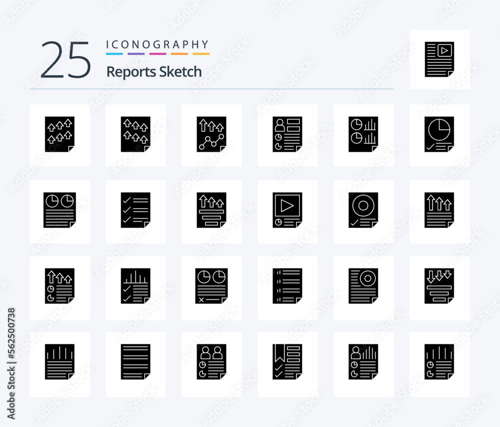 Reports Sketch 25 Solid Glyph icon pack including pie. document. page. data. page