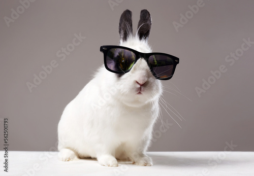 Obraz na płótnie Funny fluffy rabbit in sunglasses. Easter bunny w salonie
