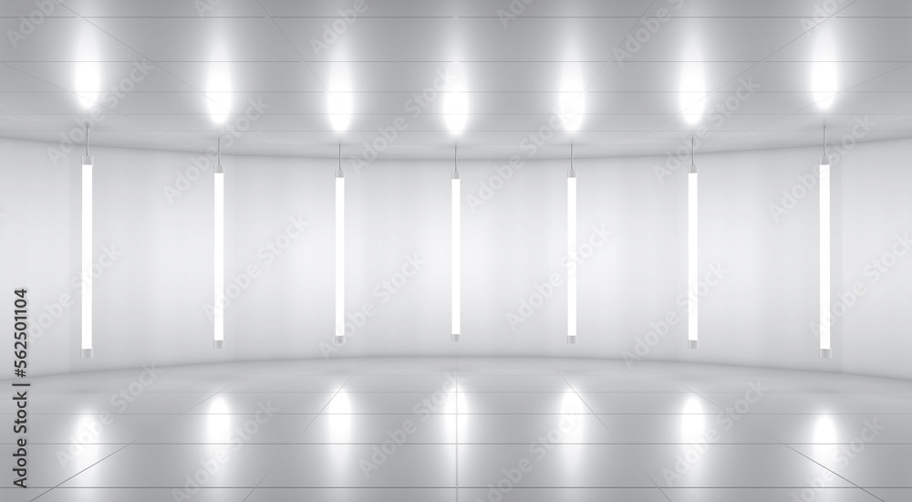 Obraz premium White abstract 3d backgroundstage. Neon light from lamps. 3d illustration