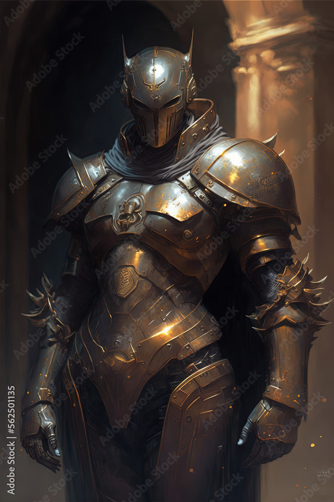 Knight in armor. Medieval futurism. Role-playing game illustration. Generative AI. Knight in armor. Medieval futurism. Role-playing game illustration. Generative AI.