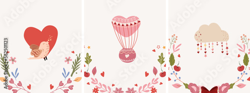 Beautiful compositions with flower wreaths, a singing bird, a air ballon, a cloud. Bright illustrations for greeting cards, posters, banners, invitations to weddings, birthdays, etc. vector. © YustynaOlha