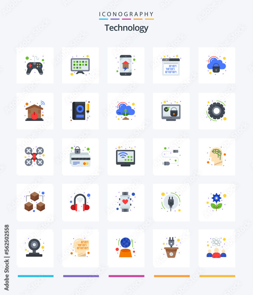 Creative Technology 25 Flat icon pack  Such As cloud. seo. home automation. interface. binary