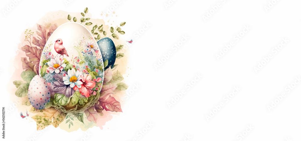Easter eggs and flowers, on white background. Watercolor illustration with copy space. Generative AI Easter eggs and flowers, on white background. Watercolor illustration with copy space. Generative AI