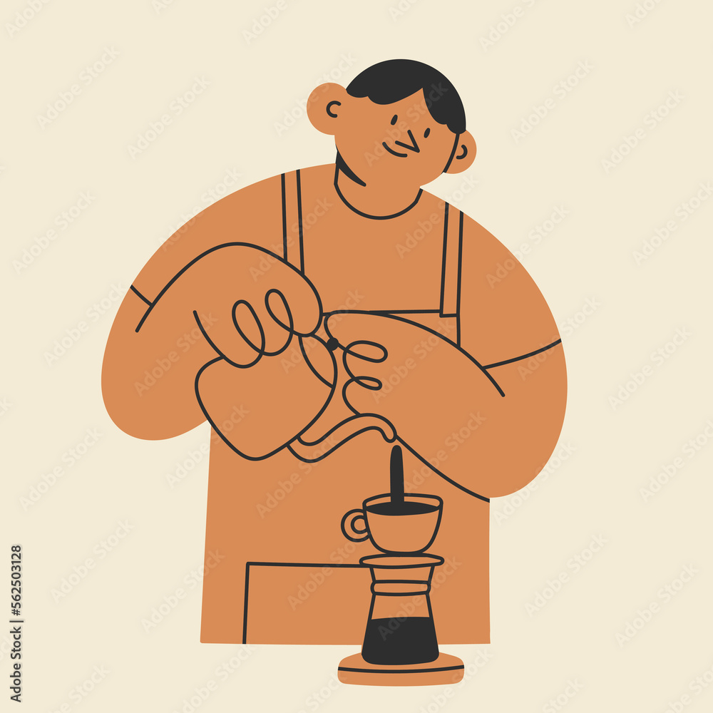 Barista in apron making Coffee. Person pouring milk to coffee or coffee