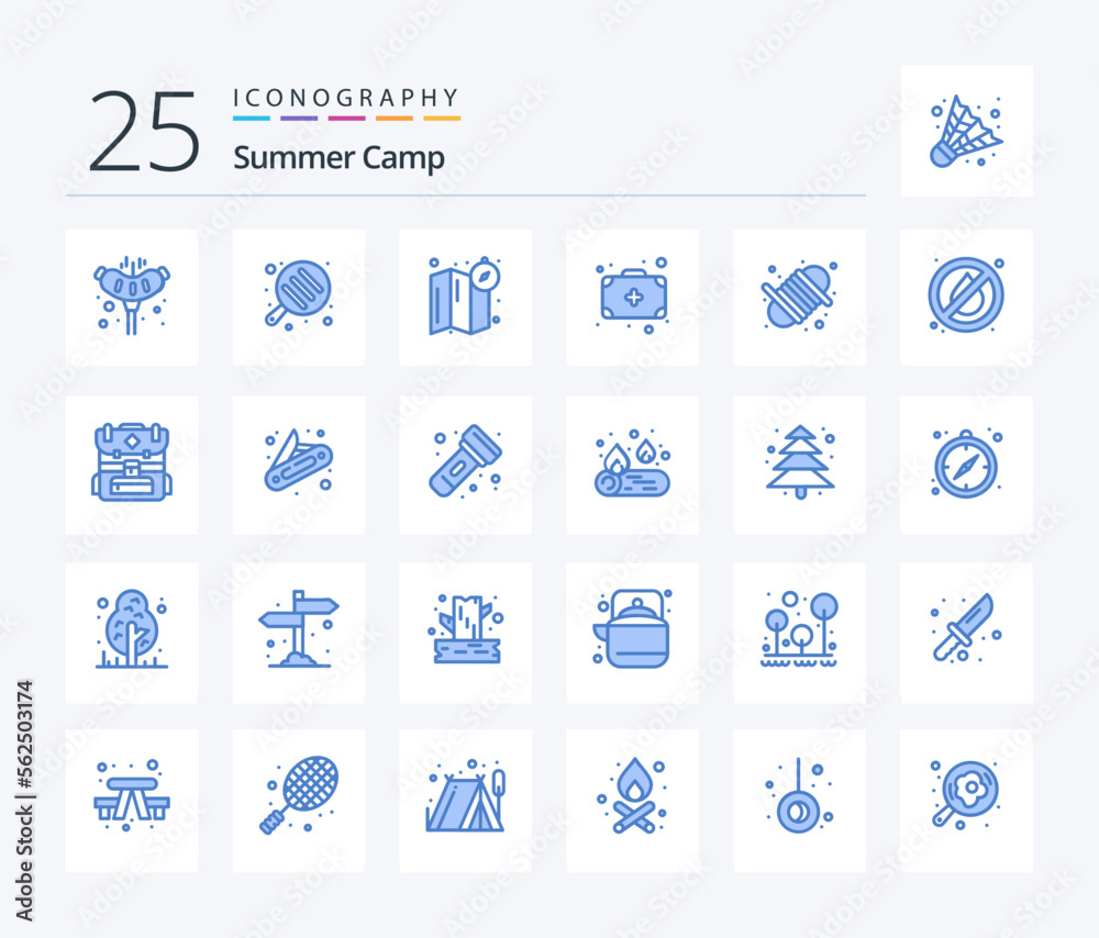 Summer Camp 25 Blue Color icon pack including no fire. rope. location. equipment. medicine