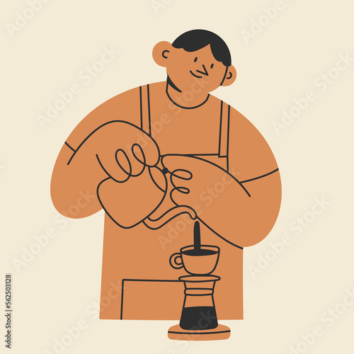 Barista in apron making Coffee. Person pouring milk to coffee or coffee in the cup from the jug. Cute cartoon character. Cafe worker. Hand drawn isolated Vector illustration. Coffee shop concept