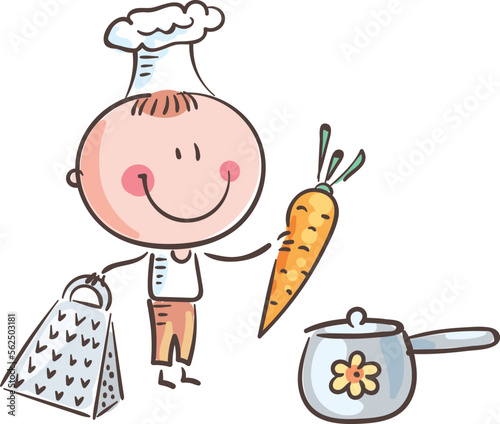 Doodle cartoon little kid cook preparing soup, isolated on white, cartoon illustration clipart