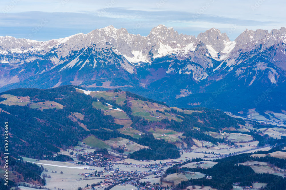 Aerial view of Alps and countryside around Kitzbuhel in Austria