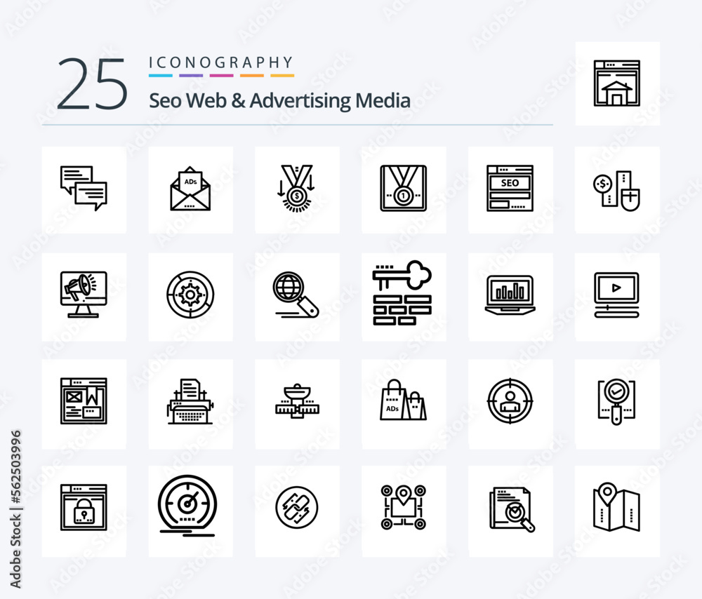Seo Web And Advertising Media 25 Line icon pack including data. website. letter. trophy. star