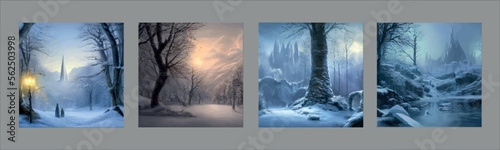Vector illustration. Flat landscape. Snowy background. Snowdrifts. Snowfall. Clear blue sky. Blizzard. Cartoon wallpaper. Winter season. Forest trees and mountains.