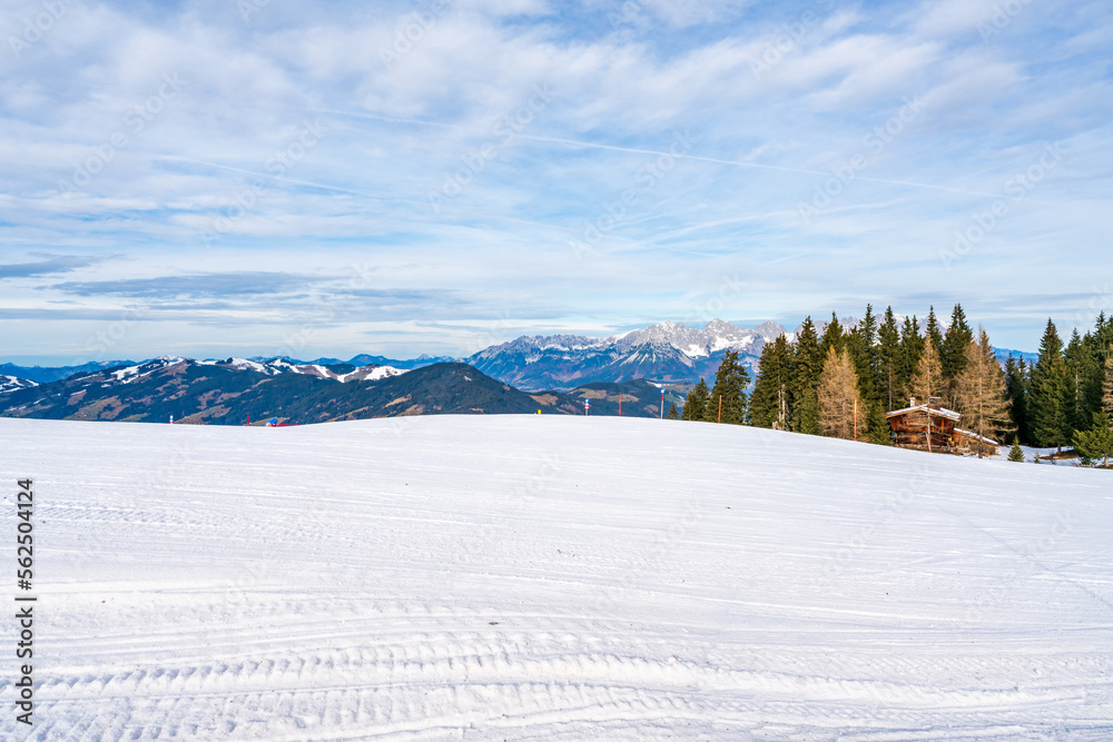 Wintry landscape on Hahnenkamm mountain in Austrian Alps in Kitzbuhel. Winter in Austria