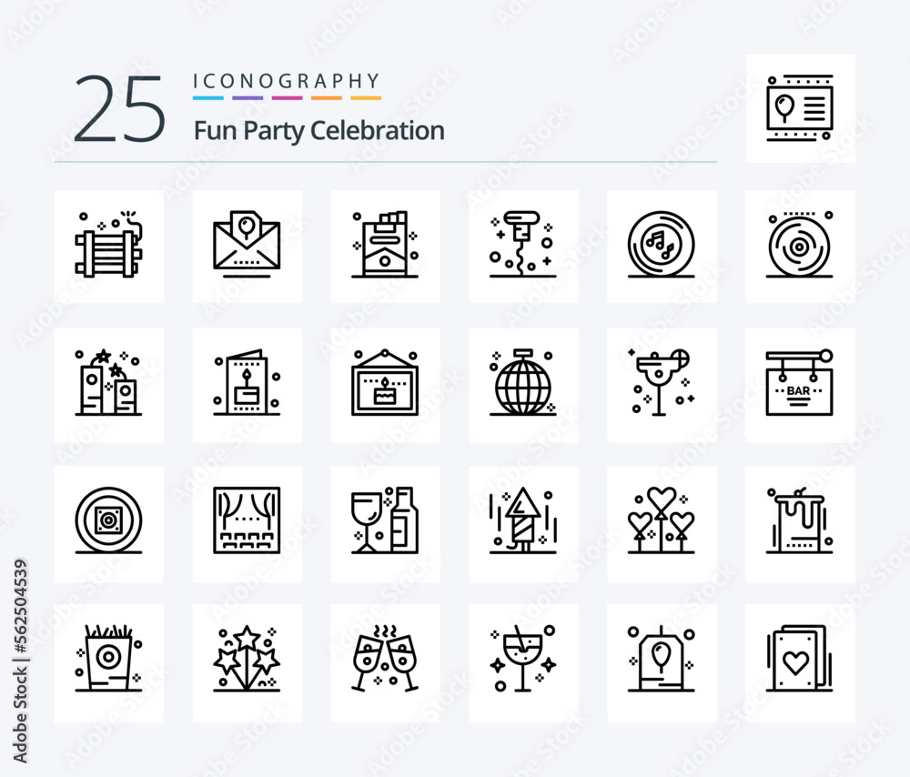 Party 25 Line icon pack including music. miscellaneous. party. corkscrew. party