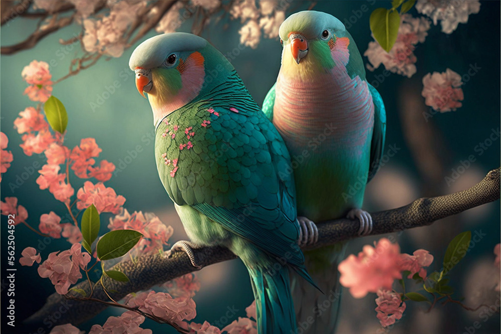 Fototapeta premium Two parrots on a branch in blossoms. Generative AI