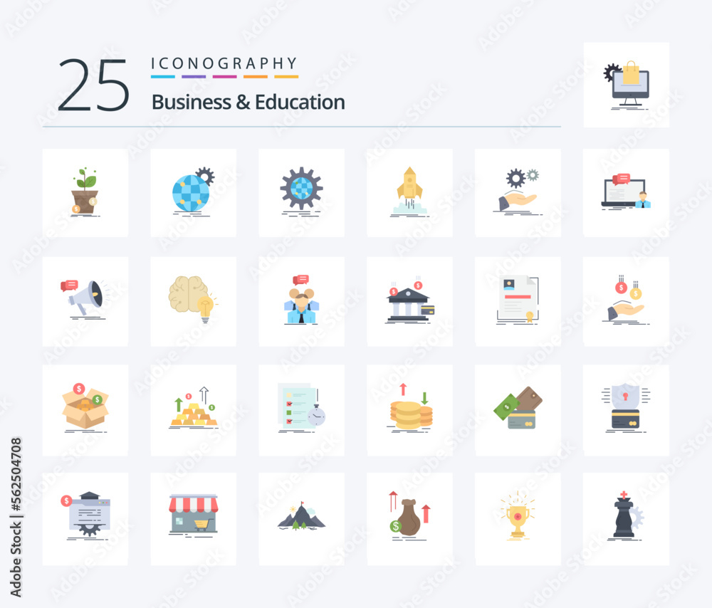 Business And Education 25 Flat Color icon pack including idea. solution. world wide. mission. ship