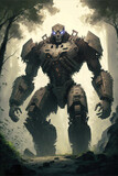 A menacing mecha in the woods. Role-playing game illustration. Generative AI.