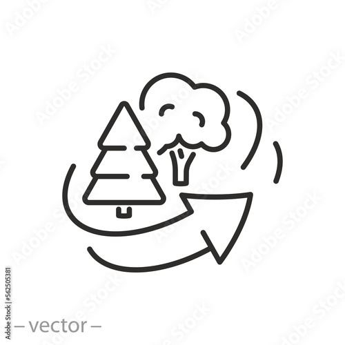 recycling wood icon, forest or trees protect, green earth concept, restoration of the forest fund, thin line symbol on white background - editable stroke vector illustration