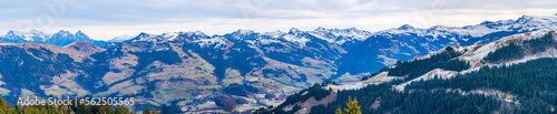 Panoramic aerial view of Alps and countryside surrounding Kitzbuhel in Austria