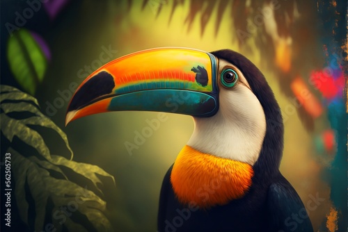  photorealistic Portrait colored tropical toucan bird, forest in the background Cinematic landscape Generative ai © dhiyaeddine