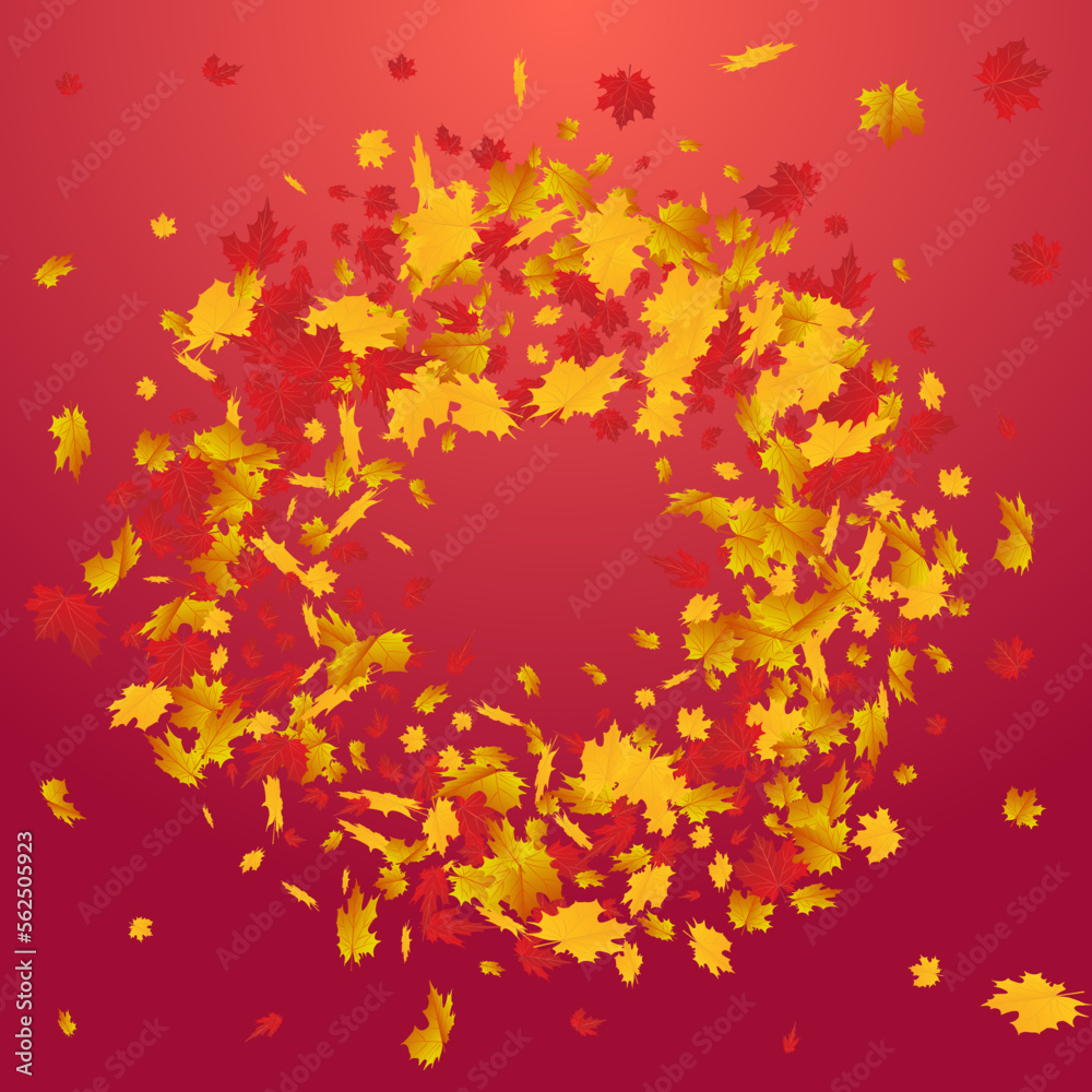 Orange Leaves Vector Red Background. October Leaf