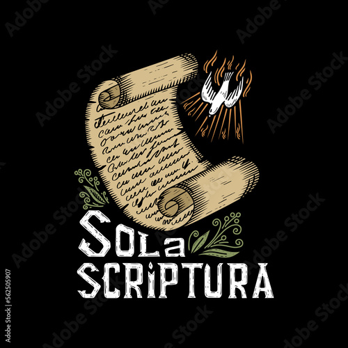 A hand-drawn Christian doodle illustration. The Five Solas of the Reformation. Scripture alone.