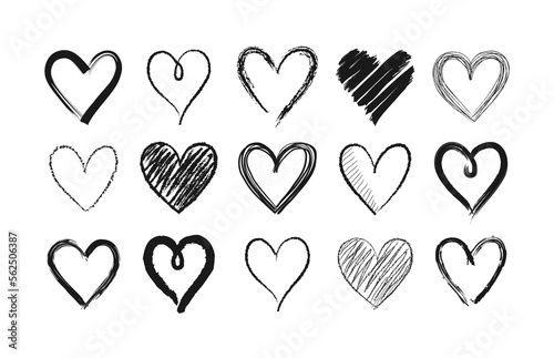 Set of doodle hand drawn hearts. Cute sketched heart shaped design elements