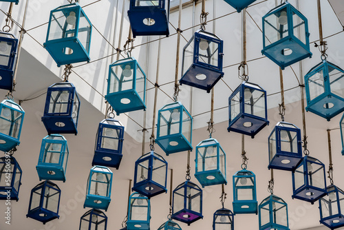 A lot of retro lamps hang on the ceiling in the building inside, interior concept