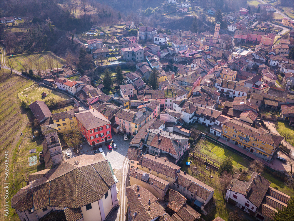 aerial view of the small town of Garbagna, Piedmont, Italy
