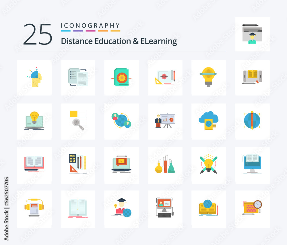 Distance Education And Elearning 25 Flat Color icon pack including target. file target. shareit. file. settings
