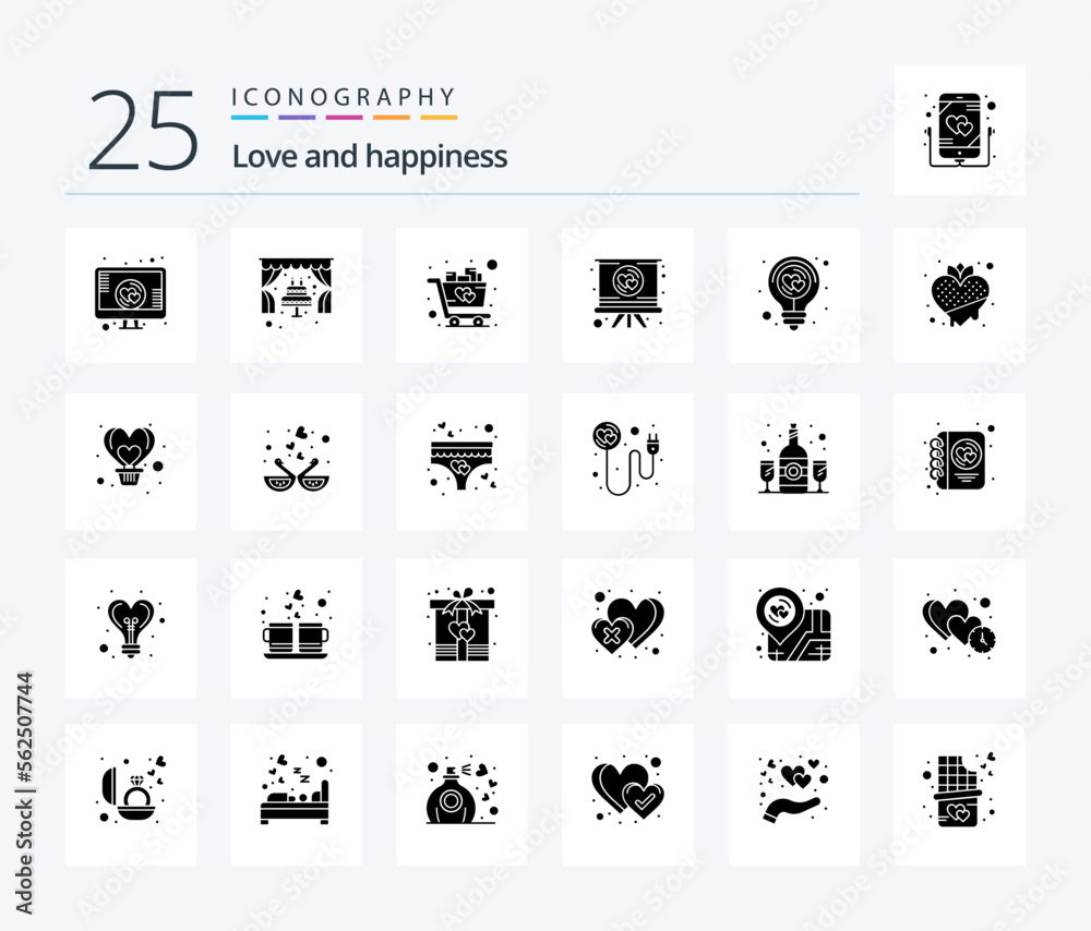 Love 25 Solid Glyph icon pack including energy. romance. cart. presentation. heart