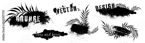 Dirty grunge elements and spray graffiti stencil. Design elements  boxes and frames for text. Dirty artistic grunge vector texture with ferns. Inked splatter dirt stain brushes with drops blots.