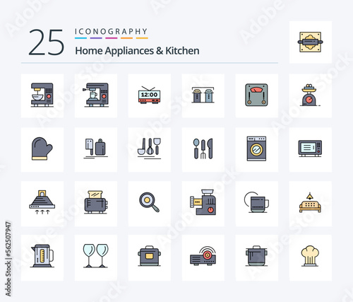 Home Appliances And Kitchen 25 Line Filled icon pack including potholder. weight. salt. weighing. machine © Muhammad