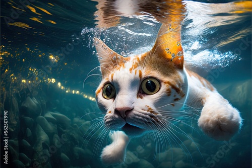 Japanese Bobtail cat underwater. Generative AI