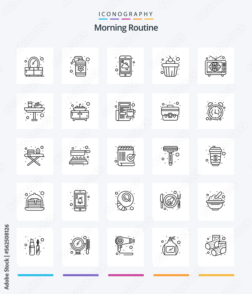 Creative Morning Routine 25 OutLine icon pack  Such As tv. news. mobile. food. cake