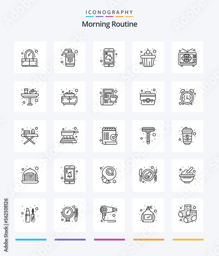 Creative Morning Routine 25 OutLine icon pack Such As tv. news. mobile. food. cake