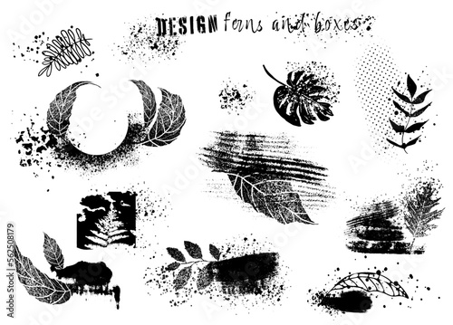 Dirty artistic grunge vector texture with ferns. Design elements, boxes and frames for text. Inked splatter dirt stain brushes with drops blots. Dirty grunge elements and spray graffiti stencil. 
