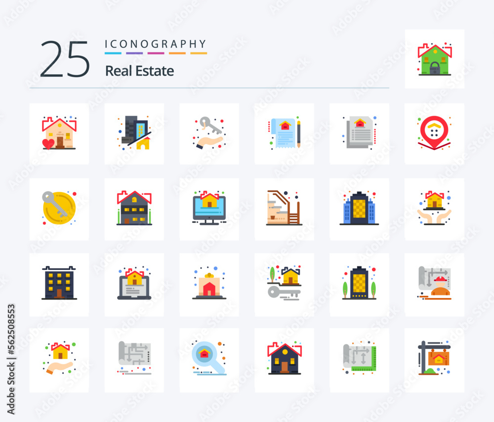 Real Estate 25 Flat Color icon pack including document. deal. hand. house. document