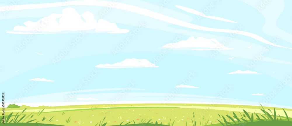 Green lawn with grass and flowers against blue sky with white clouds, summer sunny glades with field grasses and blue sky, freedom landscape illustration
