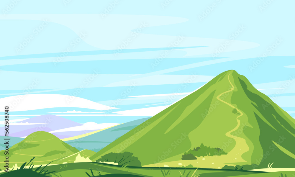 Naklejka premium Tourist trails in the beautiful green mountains in sunny day, hiking travel concept illustration background, top of the hill, conquer the top of the mountains